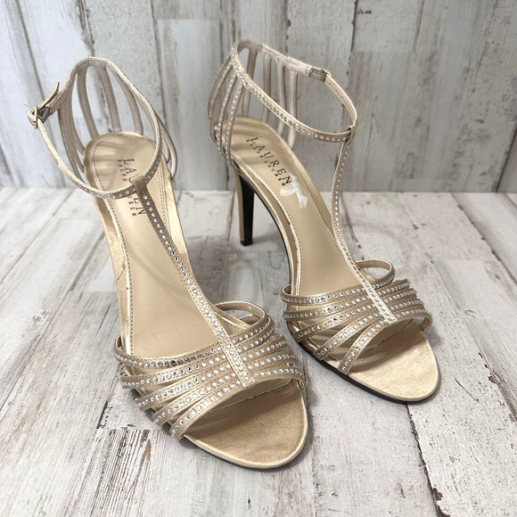 Lauren Ralph Lauren Shoes - Lauren Ralph Lauren Adasia Heels 9B Satin Gold Rhinestones Strappy Wedding Party